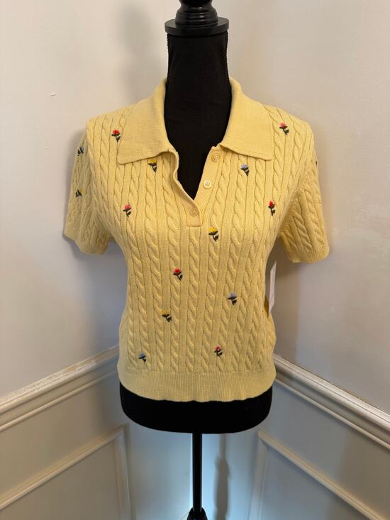 Anthropologie Tops - NWT Calligraphie Yellow Cable Knit Floral Embroidered Sweater Polo Top Cottage